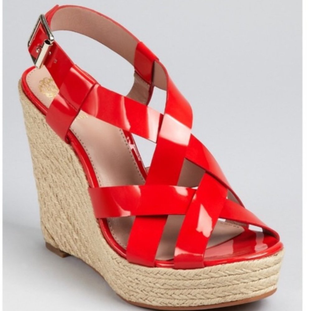 Vince Camuto Hattie Red Nubuck Patent Wedge Espadrilles Platform Sandals 7.5 VGC